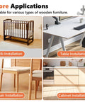 Image showing applications of Heavy Duty 58pc M6 Crib Screws Hardware Kit for crib, table, chair, and cabinet installation.