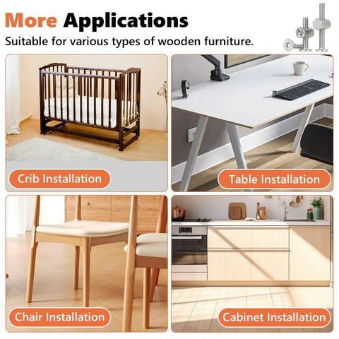 Image showing applications of Heavy Duty 58pc M6 Crib Screws Hardware Kit for crib, table, chair, and cabinet installation.