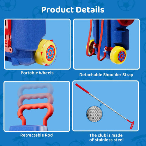 Kid Friendly Golf Set For Indoor And Outdoor Play Featuring portable wheels, detachable shoulder strap, retractable rod, stainless steel club.