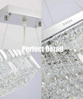 Modern Raindrop K9 Crystal Rectangle Showstopper Chandelier details with 11-Light Linear Pendant for dining and living rooms.
