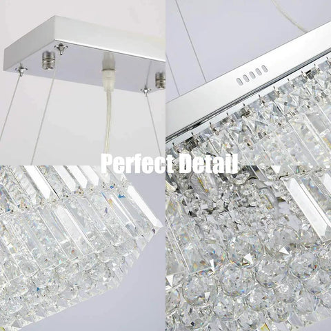 Modern Raindrop K9 Crystal Rectangle Showstopper Chandelier details with 11-Light Linear Pendant for dining and living rooms.
