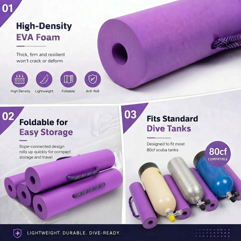 Collapsible Scuba Tank Holder With Rope Ladder Design Holds Up To 3 Air Cylinders shown in purple EVA foam with tanks
