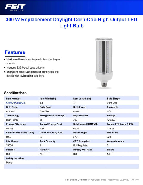 Specification sheet of 300W Equivalent Mini Corn Cob LED Light Bulb With E26 Base 5000K Daylight Crazy Bright High Output for Home and Shop.