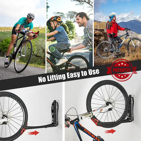 Collage with cyclists and Swivel Bike Rack Set No Lift Wall Mounted Storage For Home And Garage Two Pack With Self Adjusting Receiver