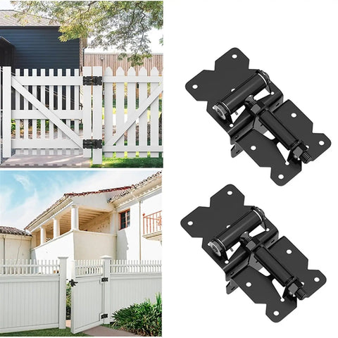 Two Pack Self Closing Gate Hinges For Wooden Fences Built To Last Heavy Duty Stainless Steel Gate Closer Hinges With Screws Durable Fence Hardware For Smooth Automatic Closing And Secure Outdoor Gate Performance, black pair on white gates