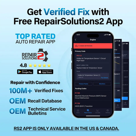 Smartphone displaying RepairSolutions2 app for 460T OBD2 Scanner All System Diagnostic Tool For Cars Reads And Clears Engine. Available in US & Canada.