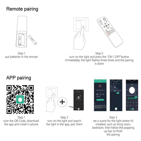 Diagram showing remote and app pairing for Premium Dope Modern LED Ceiling Light With 15 Leaf Shape Heads Flush Mount 120W Power Dimmable.