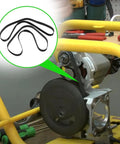 Installation of Beefy 30-1/2 Inch Drive Belt Replacement in air compressor setup, showing drive belt position and tools.