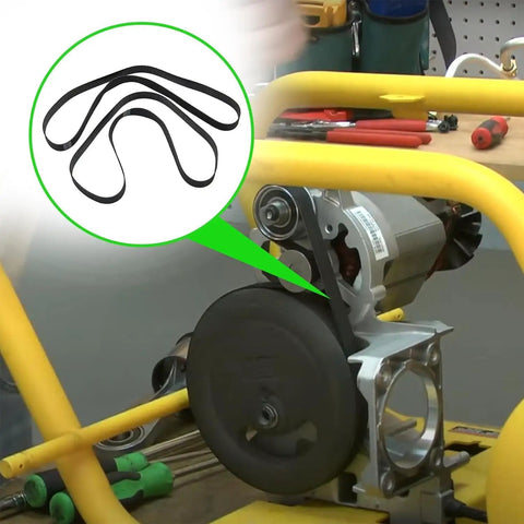 Installation of Beefy 30-1/2 Inch Drive Belt Replacement in air compressor setup, showing drive belt position and tools.