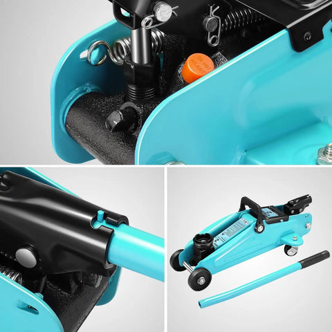 Close-up of Low Profile Hydraulic Floor Jack And Jack Stands Combo 2 Ton Capacity 4000 Lbs in Tiffany Blue, 11-17 inch lift.