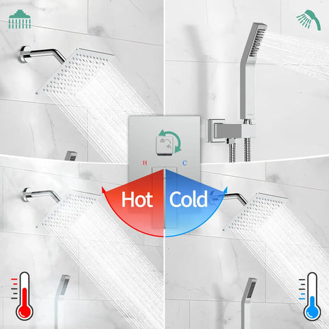 8 Inch Rain Shower Head And Handheld Shower System in Polished Chrome with temperature controls, wall-mounted setup