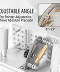 Adjustable angle feature of Jiawu Adjustable Belt Grinder Sharpener Jig for precise blade sharpening, showing CNC aluminum and stainless steel.