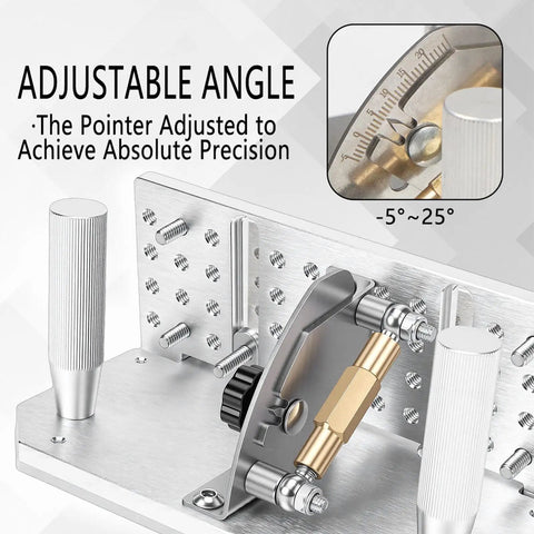 Adjustable angle feature of Jiawu Adjustable Belt Grinder Sharpener Jig for precise blade sharpening, showing CNC aluminum and stainless steel.