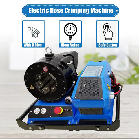 Badass Hydraulic Hose Crimper With Eight Precision Replaceable Dies For High Pressure Pipe Repair And Heavy Machinery Shop Work DC12V Portable Electric Crimping Tool on a table, showcasing a black crimp head.