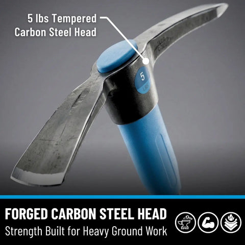 5 Lb Steel Pick Mattock With 36 Inch Fiberglass Handle for heavy duty digging and breaking ground, showing carbon steel head