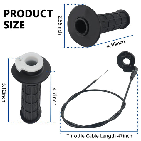 Dope Go Kart And Mini Bike Twist Throttle Cable Kit With Seven Eighths Inch Grips For 22mm Handles, 47 Inch Cable, product dimensions shown