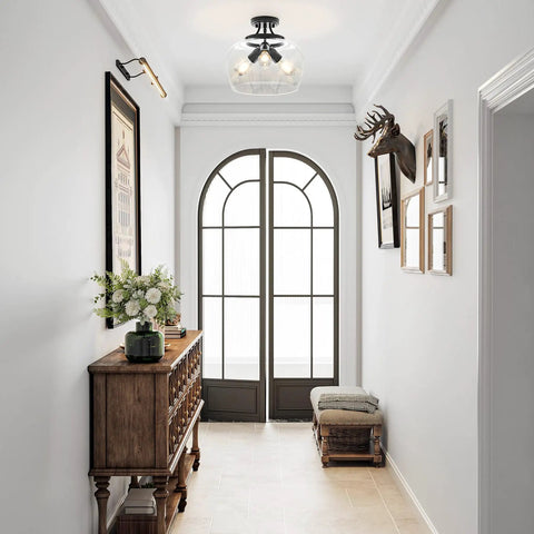 Hallway with 3-Bulb Industrial Style Semi Flush Mount Ceiling Light With Clear Glass Shade, Matte Black Fixture, E26 Base, 13.8 Inch