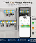 32 Key Smart Key Lock Box Wall Mount, showing interior with keys and Bluetooth app screen for real-time usage tracking.