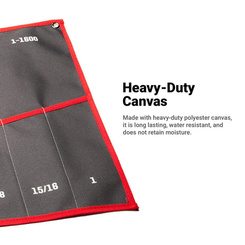 Heavy Duty Canvas Wrench Roll Up Organizer With 13 Pockets For SAE Sizes 1/4 To 1 Inch showing durable red-lined canvas