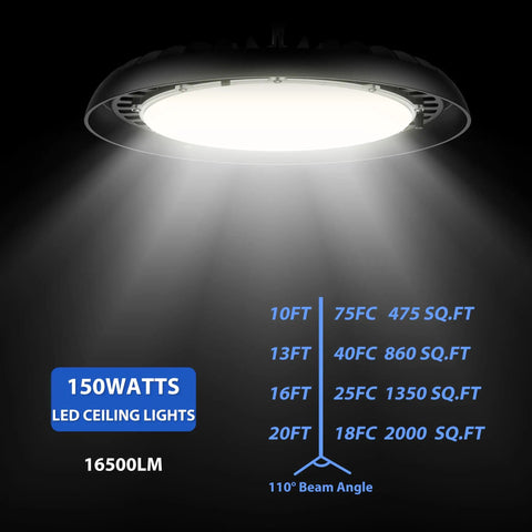 Illuminated UFO LED High Bay Light 150W 16500 Lumens 5000K Plug In Shop Light with 110 Degree Beam, 120V US Hook, UL Listed