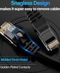 Close-up of 10Gbps Cat6 Ethernet Cable 75 Ft UTP Bare Copper Network Cable with gold-plated contacts and snagless design.