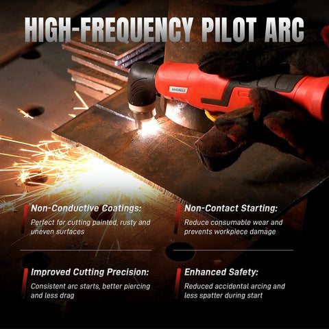 High-frequency pilot arc plasma cutter in use for cutting metal plate, showing non-contact start and precision cutting with sparks.