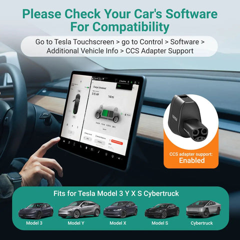 User checking compatibility for Badass CCS1 And J1772 To Tesla Charging Adapter For Model 3 Y S X Cybertruck on Tesla touchscreen.