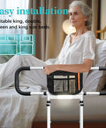 Senior woman uses Bed Rails For Seniors With Adjustable Height, Storage Pocket, And Easy Assist Side Rails To Prevent Falls, Fits Under Mattress, Durable White Guard For Elderly And Disabled Home Safety