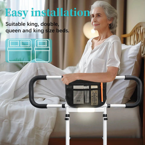 Senior woman uses Bed Rails For Seniors With Adjustable Height, Storage Pocket, And Easy Assist Side Rails To Prevent Falls, Fits Under Mattress, Durable White Guard For Elderly And Disabled Home Safety