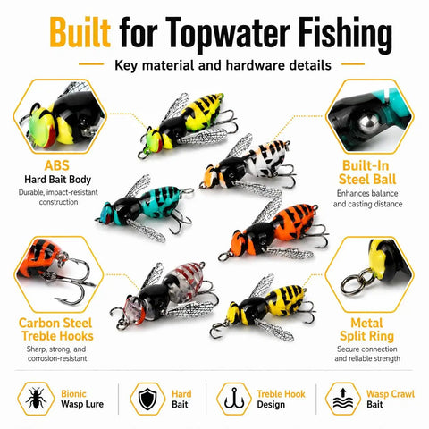 Bionic Wasp Topwater Lure for Freshwater and Saltwater, Floating Hard Bait With Carbon Steel Treble Hooks No 12 in various colors