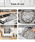 Dish Drying Mat With Abstract Flowers In White For Kitchen Counter Must Have Absorbent Microfiber Surface With Cushioned Drying Layer Machine Washable Vintage Wood Grain Look 16 By 18 Inches showing easy storage, water absorption, quick drying and easy cleaning.