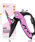 Pink 6-In-1 Multitool Carabiner With Knife, Bottle Opener, Glass Breaker, Phillips And Flathead Screwdrivers beside packaging