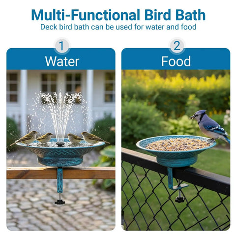 Solar Bird Bath For Deck Railing With Detachable Metal Bowl And 3.5 Inch Clamp, 2 In 1 Outdoor Bird Feeder And Fountain
