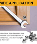 Acorn Nut Kit 70 Piece Stainless Steel Dome Head Hex Cap Nuts Set 8 32 10 24 1 4 20 5 16 18 installed on wooden furniture with wrench