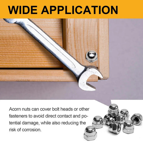Acorn Nut Kit 70 Piece Stainless Steel Dome Head Hex Cap Nuts Set 8 32 10 24 1 4 20 5 16 18 installed on wooden furniture with wrench