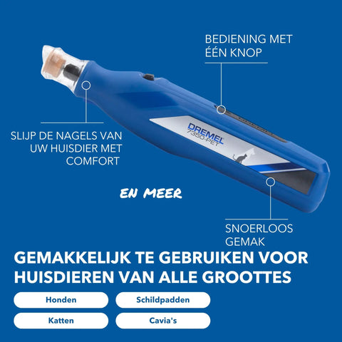 No-Fuss Rechargeable Pet Claw Grinder For Dogs And Cats Quiet Lightweight Rotary Nail Trimmer With Built-In Battery 12000 Rpm showing blue design and nail grinding tip.