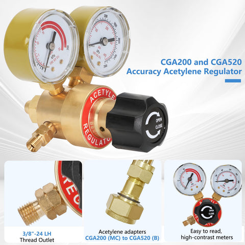 Air Acetylene Torch Kit 11-Piece Set For Soldering And Brazing With Regulator, showing CGA200 and CGA520 acetylene regulator.