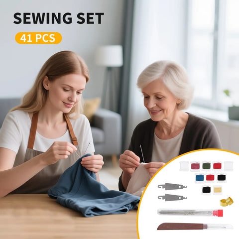 41 Piece Big Eye Stainless Steel Hand Sewing Needle Kit with two needle threaders, big eye needles, threads, seam ripper, thimbles, storage box