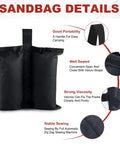 Black Beefy 120 Lbs Canopy Weights Sand Bags with Velcro straps, detailed view showing portability, sealing, and stitching.