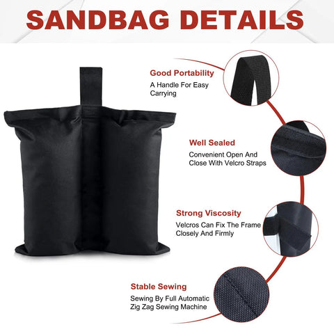 Black Beefy 120 Lbs Canopy Weights Sand Bags with Velcro straps, detailed view showing portability, sealing, and stitching.