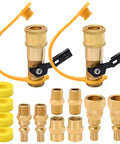 14 Piece Propane Quick Connect Fittings Kit With One Quarter Inch NPT Adapters And Three Eighth Inch Flare For RV Gas Lines Includes Male And Female Quick Connects Full Flow Plugs Half Union Nipple And Shutoff Valves displayed