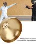 Fencing Epee Hand Protector Guard Pro-Grade Aluminum Alloy Construction With Gold Finish in foreground, fencers in action behind
