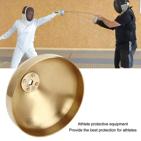 Fencing Epee Hand Protector Guard Pro-Grade Aluminum Alloy Construction With Gold Finish in foreground, fencers in action behind