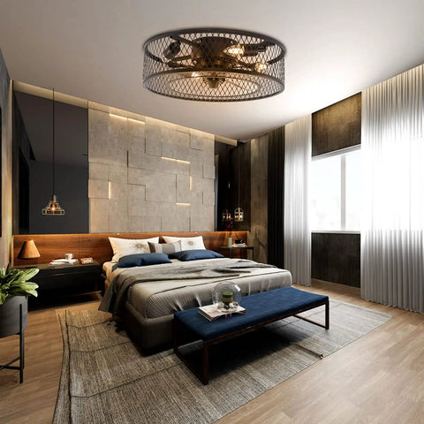 Industrial 18 Inch Ceiling Fan Light Kit With Remote, 3 Speed Adjustable Caged Mesh Shade In Black, E27 Base, No Bulbs Included, Ideal For Living Room, Bedroom, Or Kitchen, Simple Install And Quiet Operation