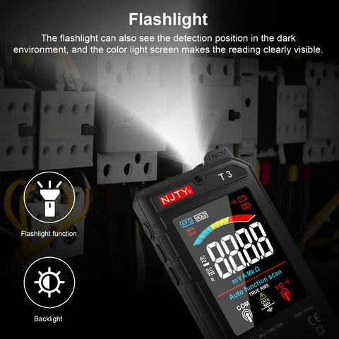 Ultra Thin Rechargeable Digital Multimeter With 3.2 Inch Color LCD Auto Ranging 600V AC DC Tester showing flashlight use