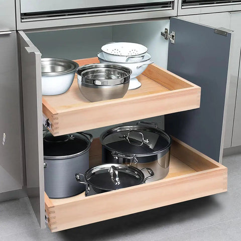 Slick Prebuilt 32 Inch Wide Pull Out Cabinet Drawer With Smooth Soft Close Slide Action featuring bowls and pots organized inside.