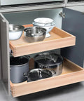 Smooth Ride Soft Close Wooden Drawer Organizer 13 By 21 Inches For Kitchen Cabinets with pots and bowls inside pullout shelf.
