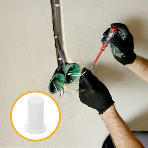 Stylish VILLCASE 4 Pack Silicone Wall Hole Plugs For 1 Inch Grommets Keep Internal Cable Routing Tidy And Protected With These Durable Wall Cable Protectors Perfect For Home Office Setup Making Your Tech Look Totally Slick And Organized. wall cable hole plug installed in 1-inch opening with exposed wires