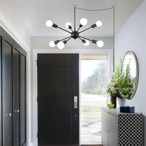 Eight Light Sputnik Chandelier in Brushed Nickel, modern industrial ceiling light fixture in foyer, pre wired for easy install