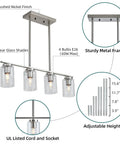 Four Light Brushed Nickel Island Pendant Lights With Clear Glass Shades For Kitchen Island, detailed specs and dimensions
